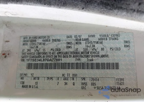 2007 Ford E-350 Super Duty Commercial/Recreational из США, поврежденный, VIN 1FTSE34L87DA77881